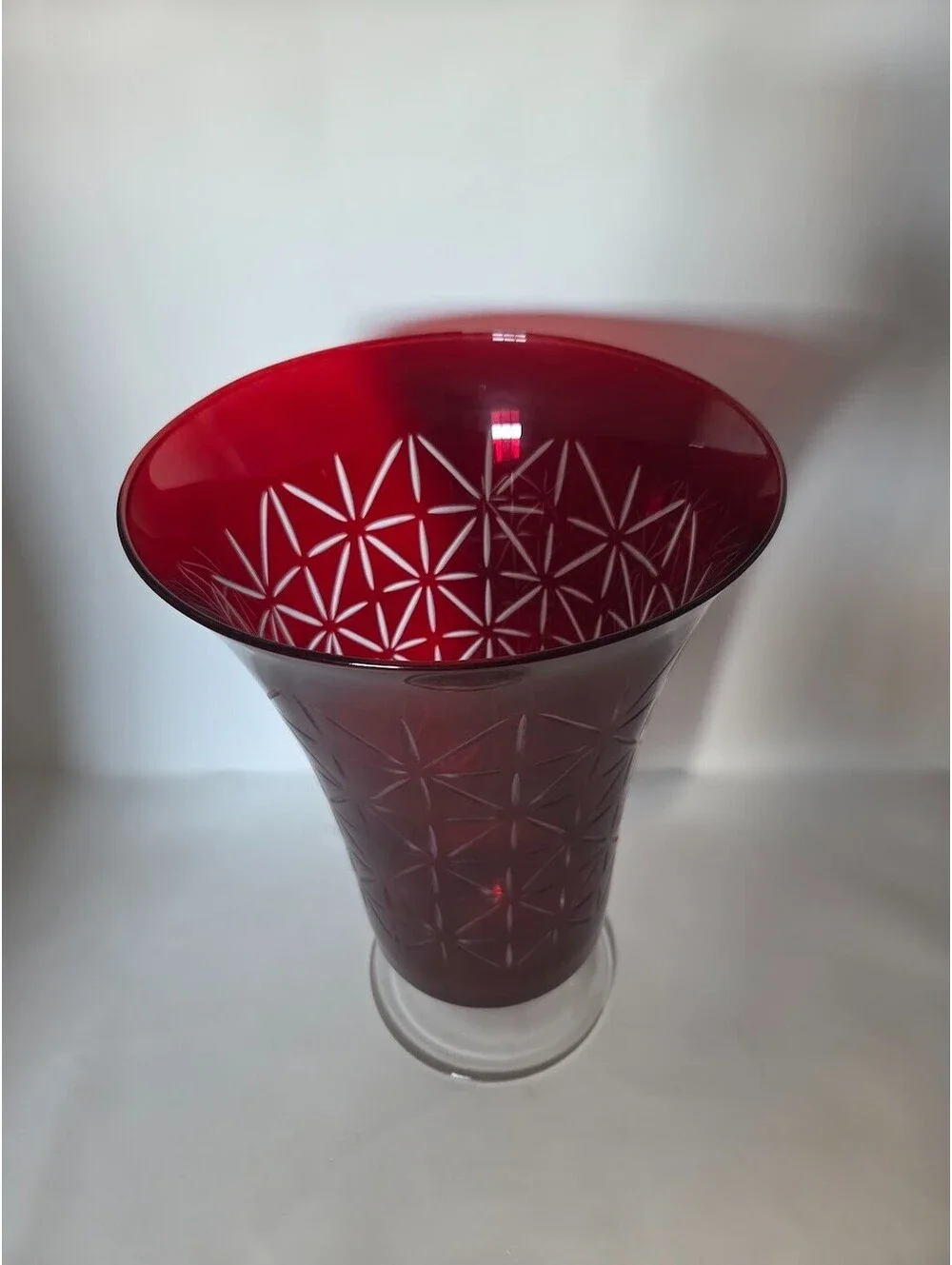 Red Cut-to-Clear Glass Vase with Etched Geometric Pattern and Clear Pedestal